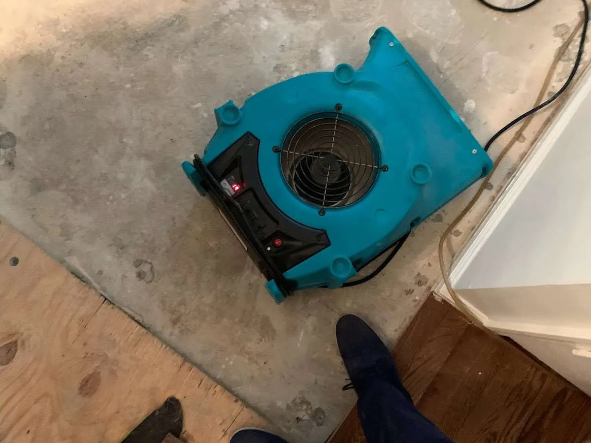 Air mover drying subfloor during Commercial Water Damage Restoration in Dothan